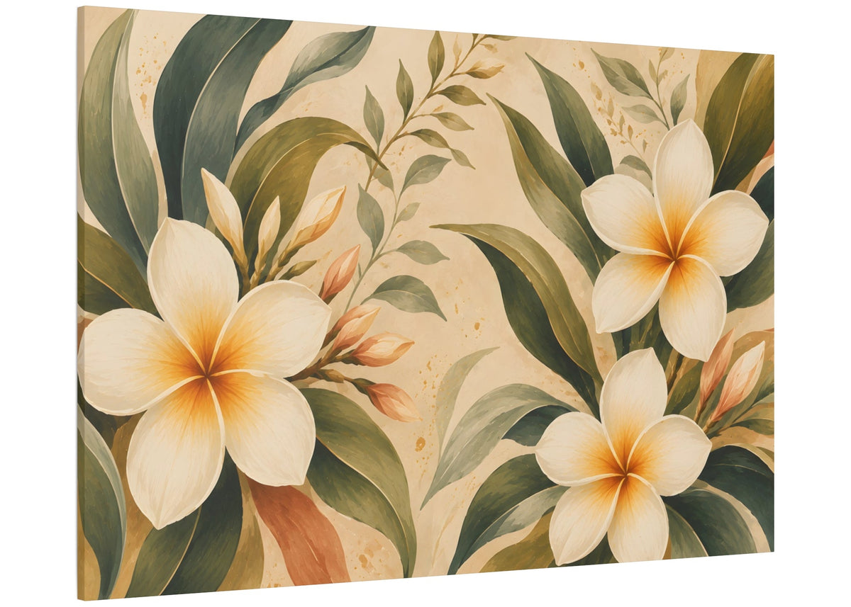 A rectangular canvas wall art print featuring a tropical floral design with large cream plumeria flowers, yellow-orange centers, and green leaves on a warm beige background, shown at an angle against a plain white backdrop.