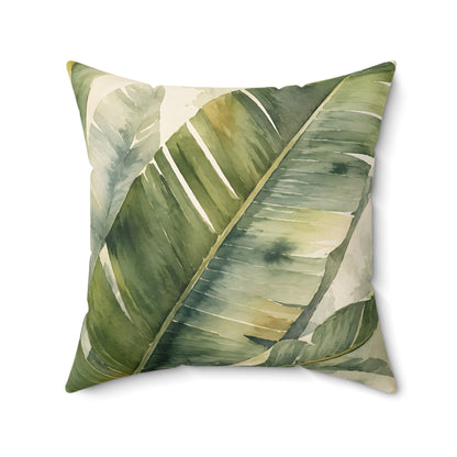 Tropical Banana Leaf Faux Suede Pillow — Green Botanical Square Throw Pillow