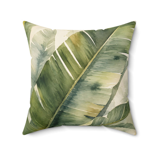 Tropical Banana Leaf Faux Suede Pillow — Green Botanical Square Throw Pillow