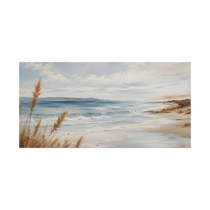Beach scene with waves and sky, featuring tall grass on a white background