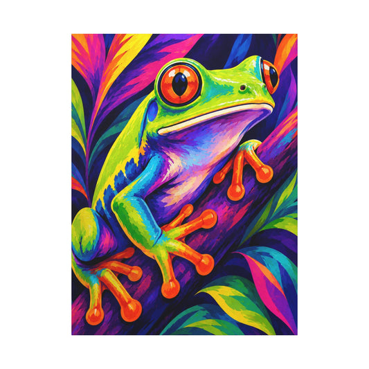 Colorful frog illustration on a vibrant leaf background