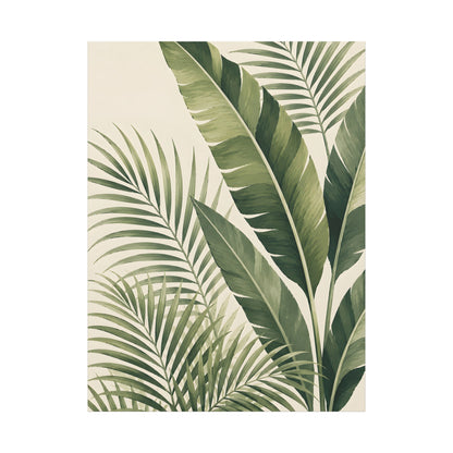 A vertical art print featuring a tropical design of green palm and banana leaves on a warm cream background, presented on a solid white canvas.