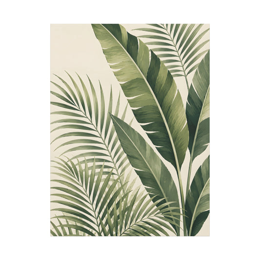 A vertical art print featuring a tropical design of green palm and banana leaves on a warm cream background, presented on a solid white canvas.