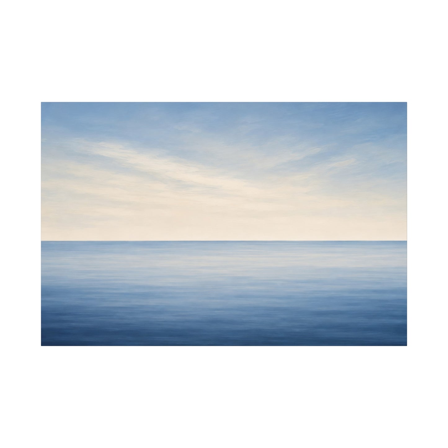 A minimalist landscape art print depicting a calm blue sea meeting a pale sky with soft clouds, centered on a white background.