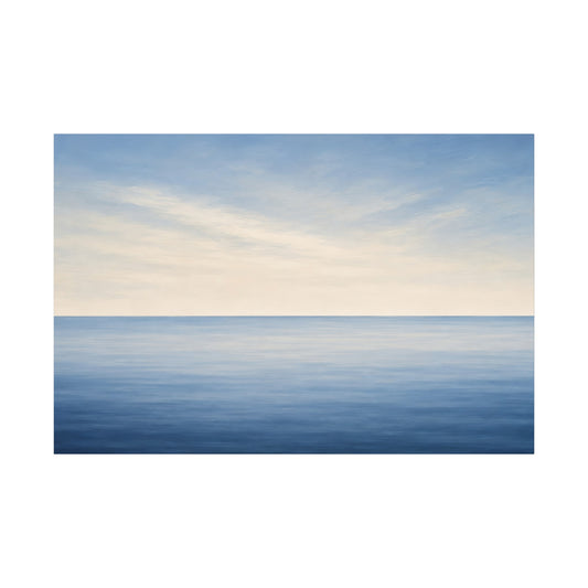 A minimalist landscape art print depicting a calm blue sea meeting a pale sky with soft clouds, centered on a white background.