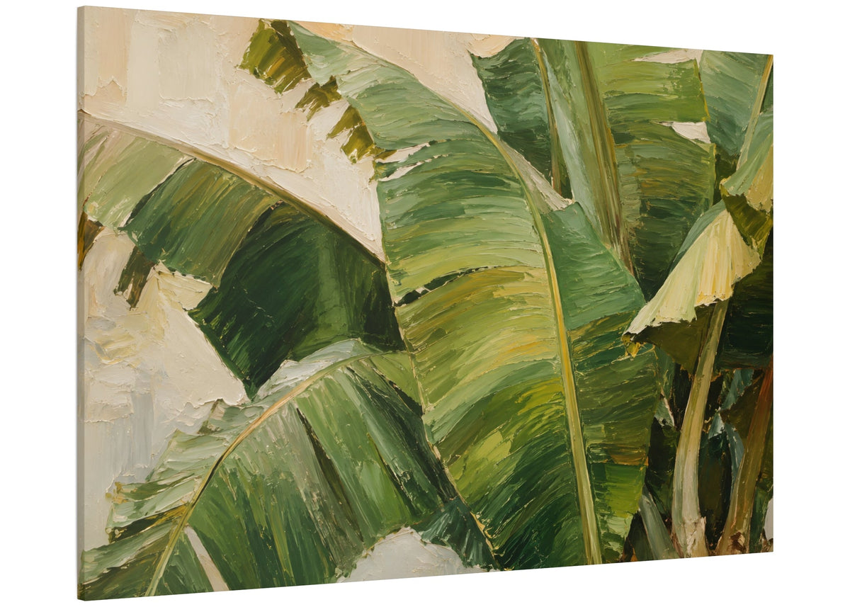 A rectangular canvas wall art print featuring an impressionistic painting of large green banana leaves against a light cream background, shown at a slight angle on a plain white backdrop.