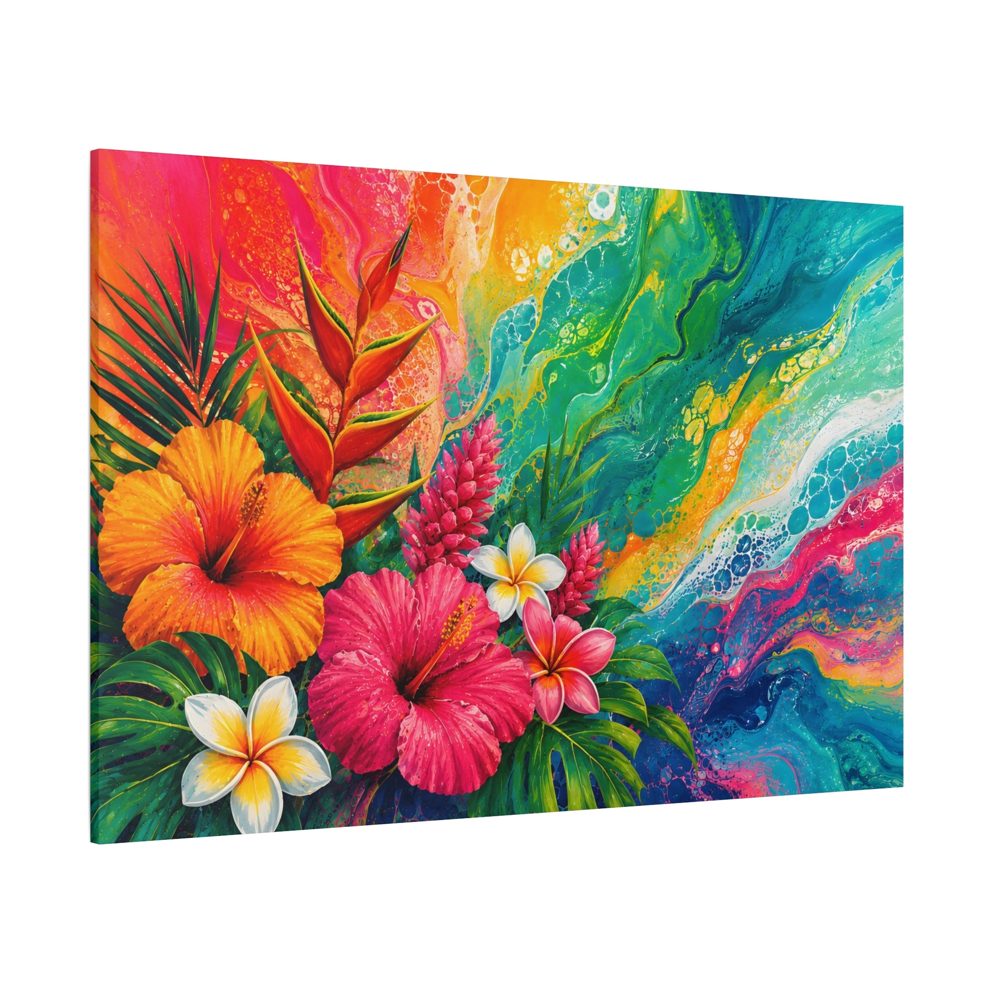 Colorful abstract painting with tropical flowers on a white background