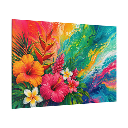 Colorful abstract painting with tropical flowers on a white background