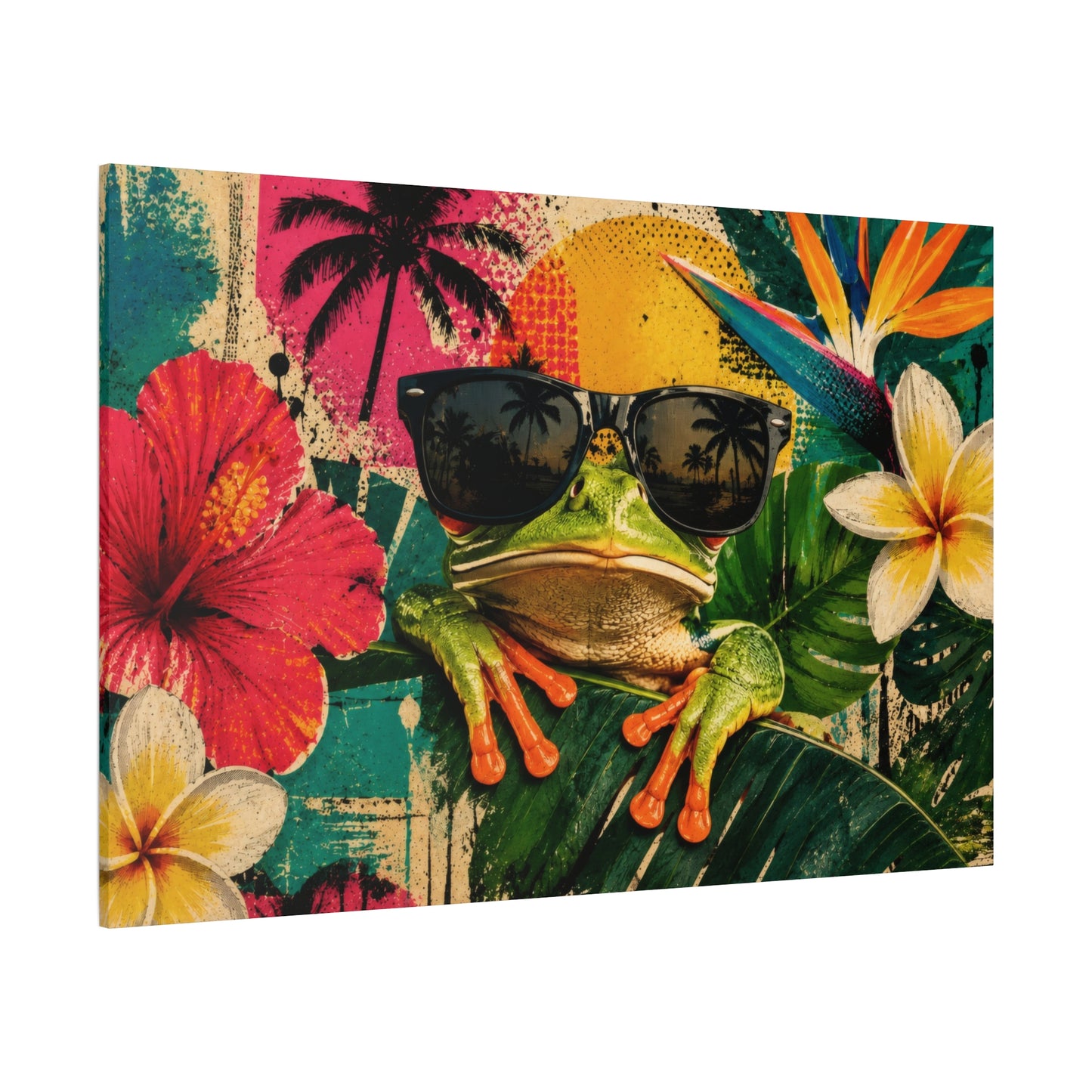 A square canvas wall art print featuring a colorful tropical design with a green frog wearing black sunglasses, surrounded by hibiscus flowers, palm trees, and a yellow sun on a textured teal background.