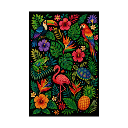 Colorful tropical scene with birds, flowers, and animals on a black background