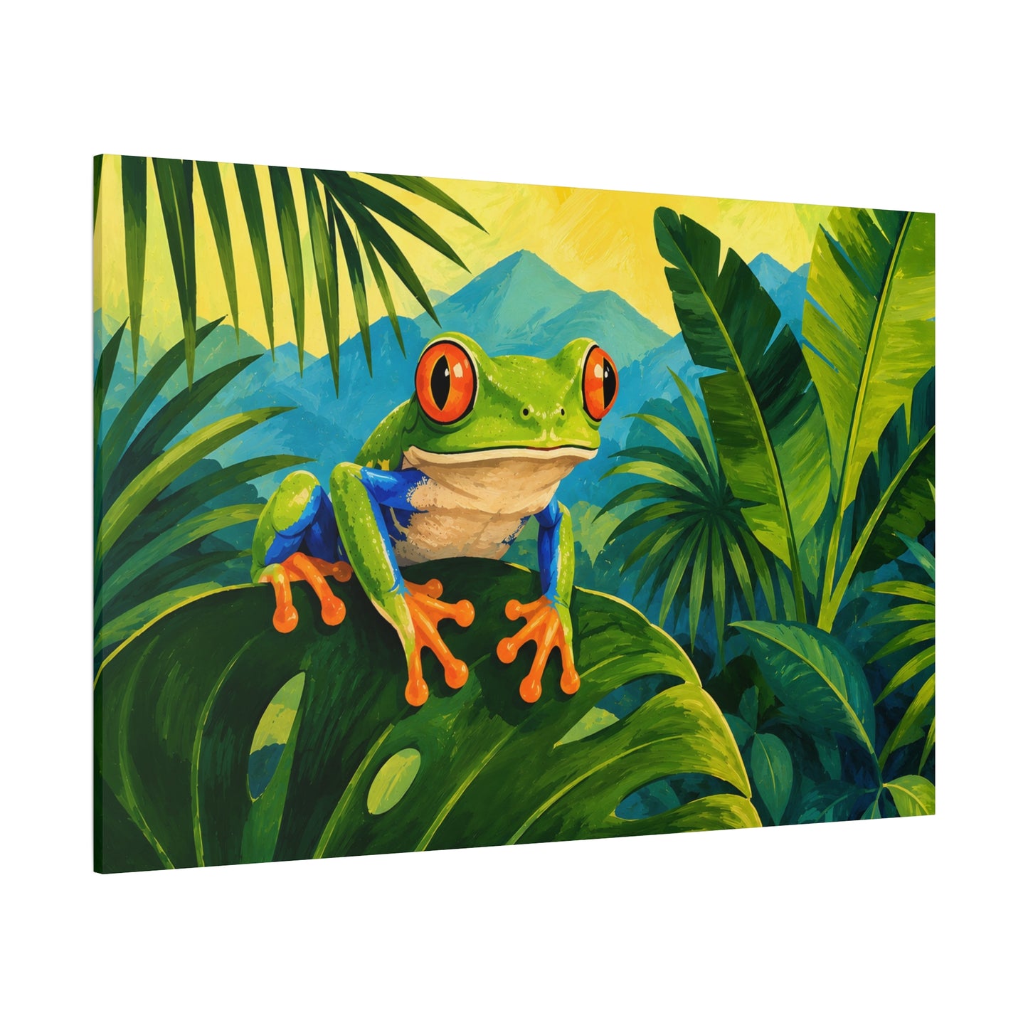 Painting of a red-eyed tree frog on a leaf with a tropical background