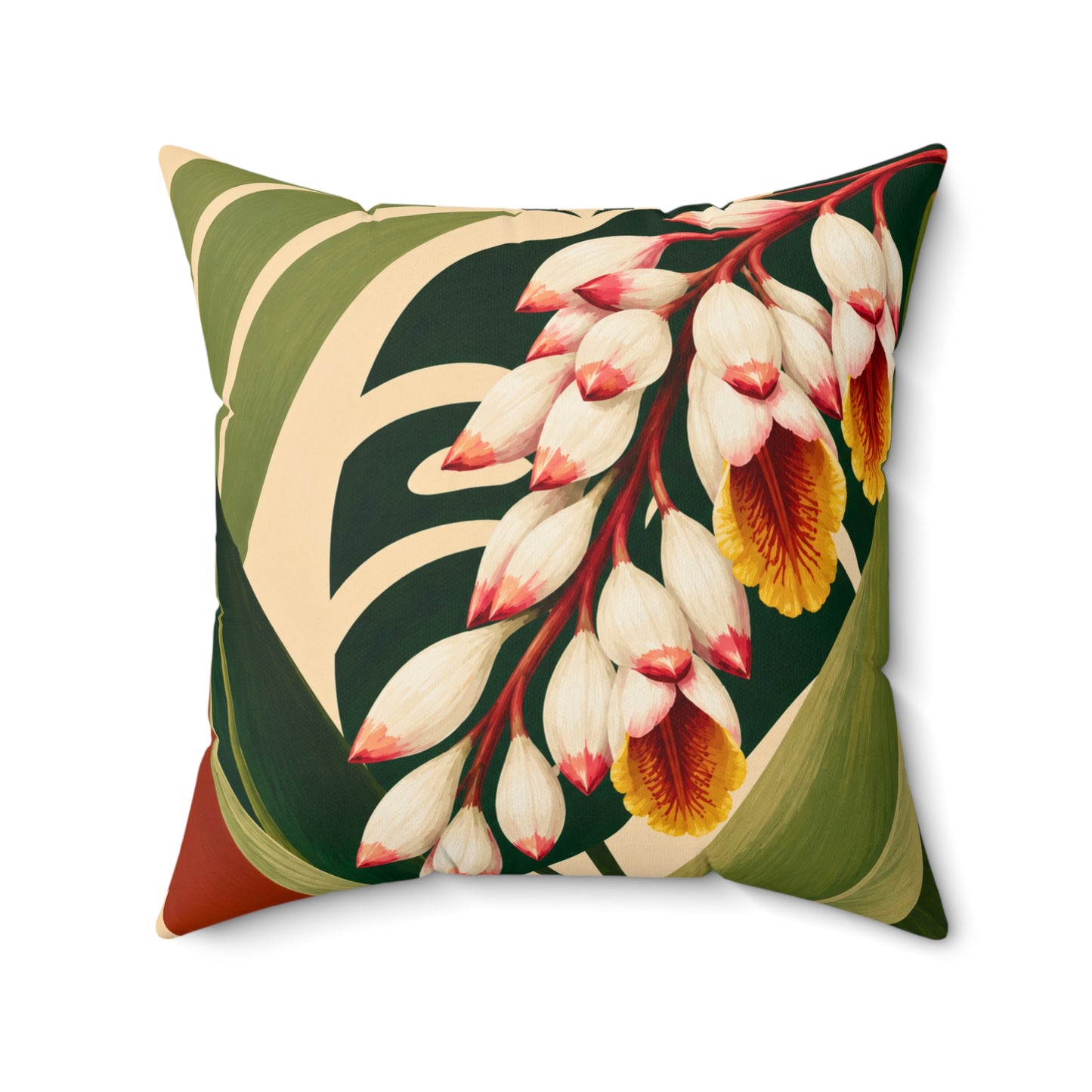 Tropical Floral Faux Suede Pillow — Botanical Shell Ginger Flower Accent