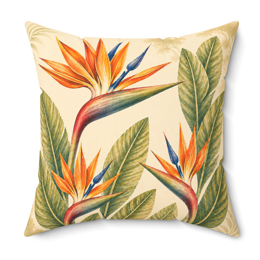 Tropical Bird of Paradise Throw Pillow — Botanical Decorative Accent for Living Room & Patio