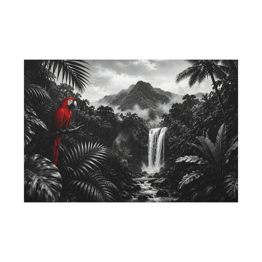 Tropical Waterfall Canvas Print — Black & White Jungle with Red Macaw