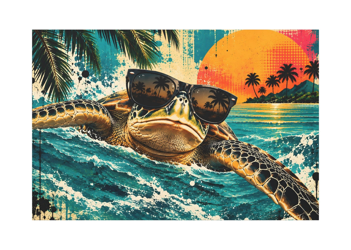 A rectangular canvas wall art print featuring a tropical beach scene with a sea turtle wearing dark sunglasses, set against turquoise ocean waves and a large orange sunset with palm trees.