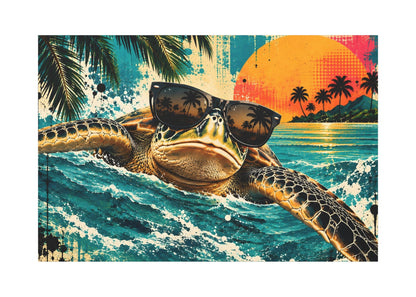 A rectangular canvas wall art print featuring a tropical beach scene with a sea turtle wearing dark sunglasses, set against turquoise ocean waves and a large orange sunset with palm trees.