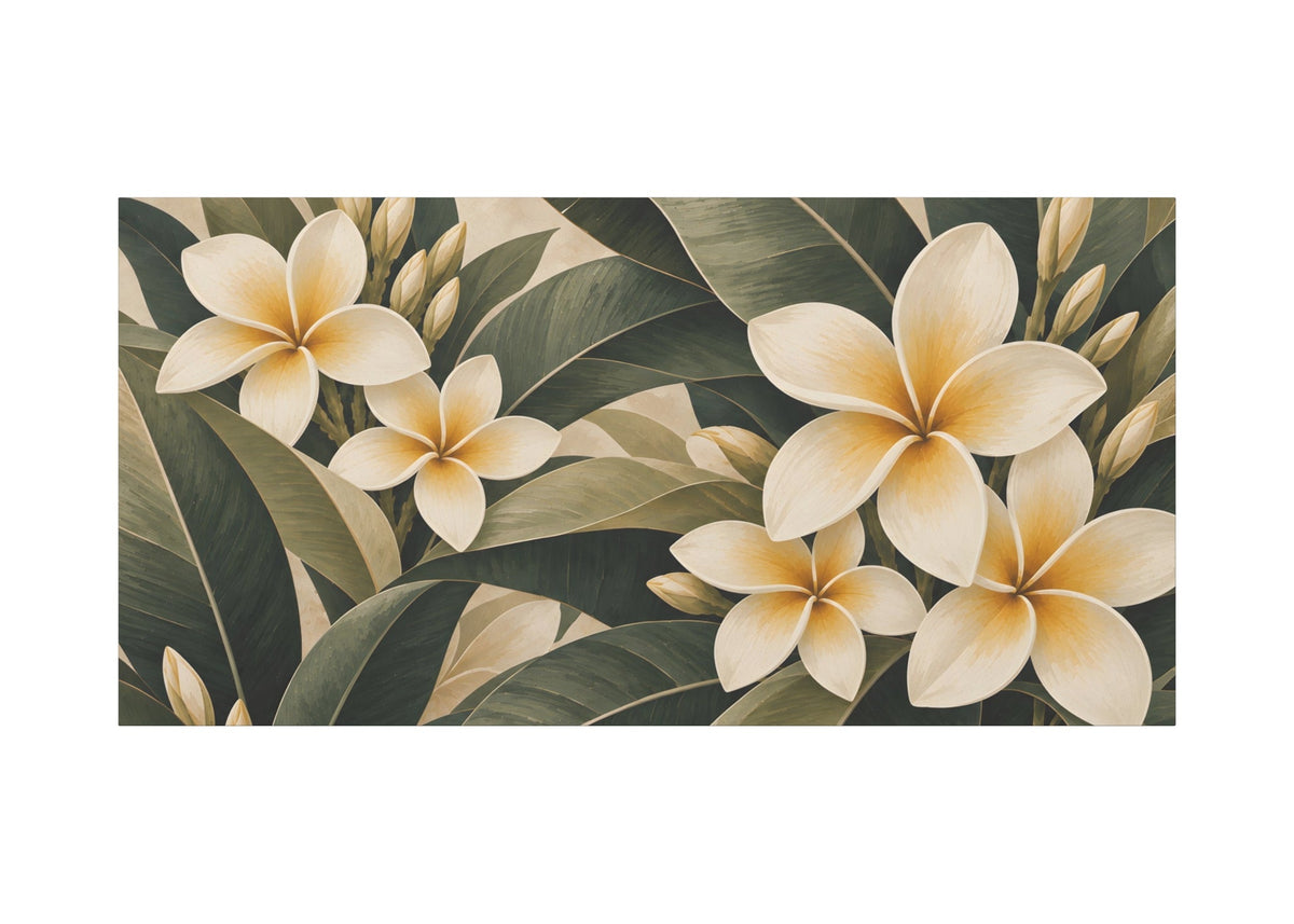 A rectangular wall art print featuring a tropical floral pattern with cream plumeria flowers and dark green leaves on a white background.