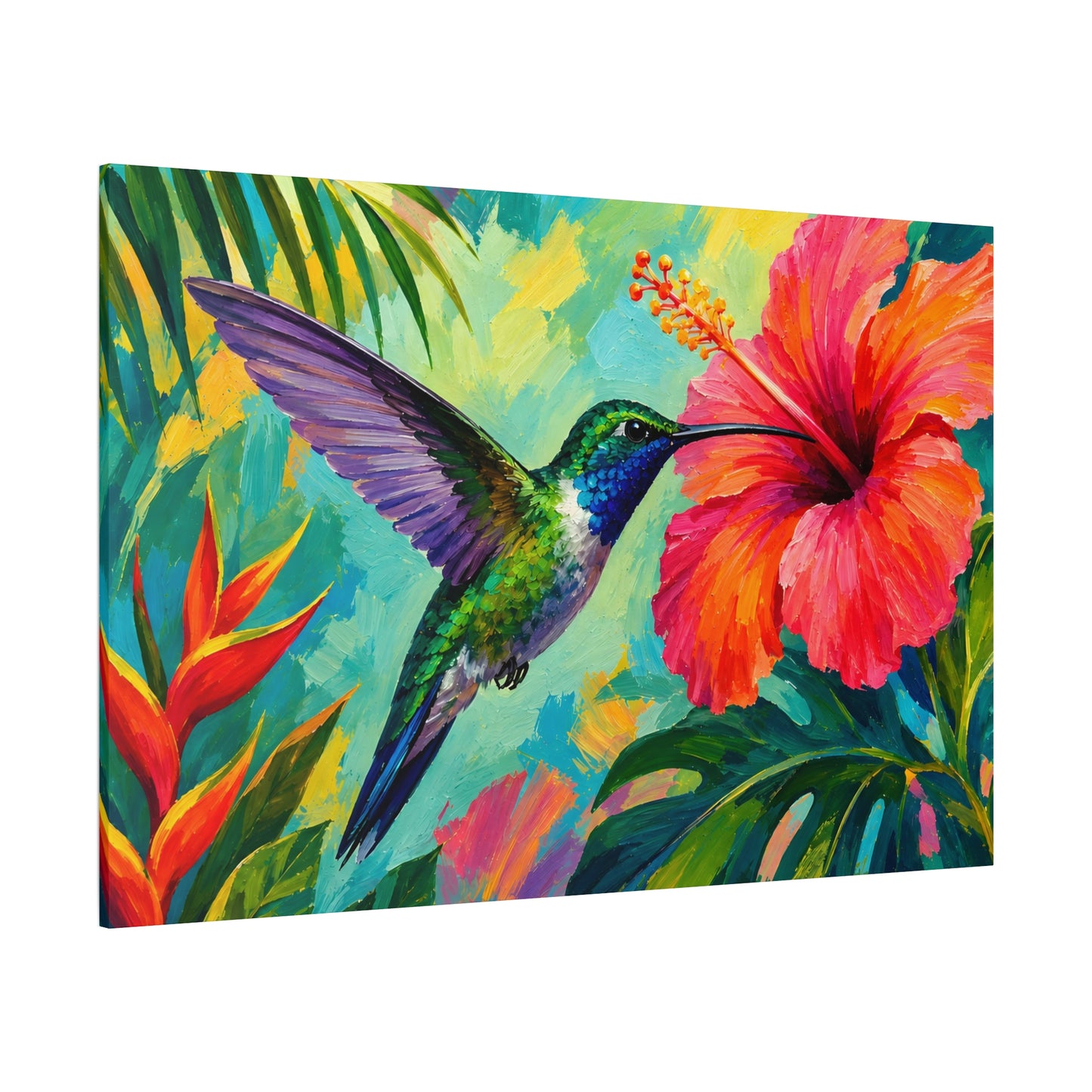 Colorful painting of a hummingbird and tropical flowers on a white background