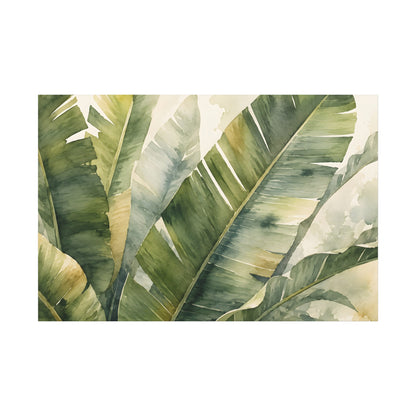 Watercolor painting of tropical banana leaves in shades of green, beige, and cream, presented on a white background.