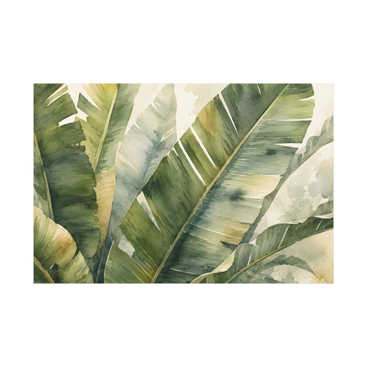 Watercolor painting of tropical banana leaves in shades of green, beige, and cream, presented on a white background.