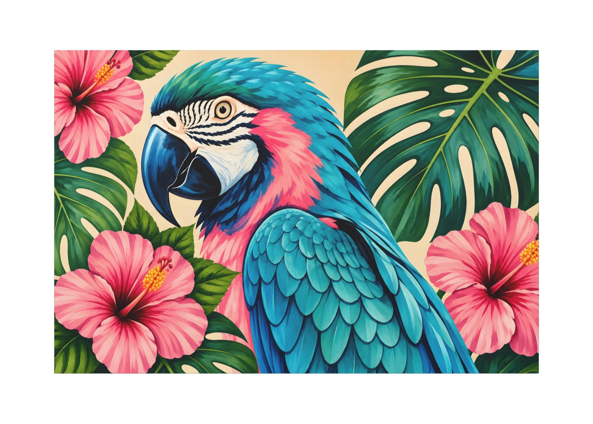 A colorful tropical art print featuring a blue and pink macaw parrot surrounded by green monstera leaves and pink hibiscus flowers on a light beige background.