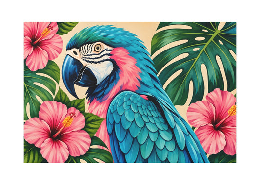 A colorful tropical art print featuring a blue and pink macaw parrot surrounded by green monstera leaves and pink hibiscus flowers on a light beige background.