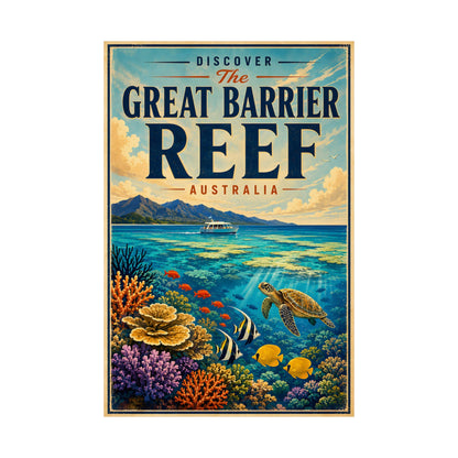 A vintage-style travel poster for the Great Barrier Reef in Australia, featuring a blue ocean scene with a boat, coral reef, sea turtle, and colorful fish, framed by a thin gold border on a white background.