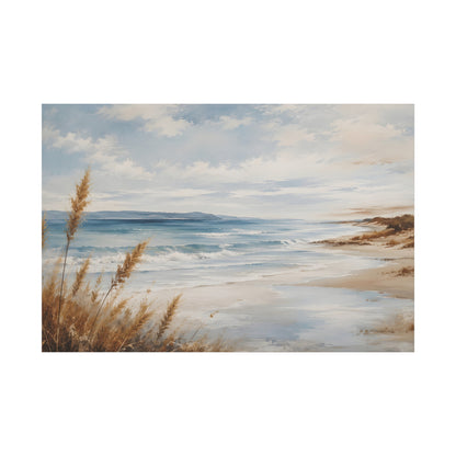 Painting of a beach scene with waves and sky.