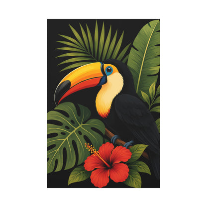 Toucan bird with a red flower and green leaves on a black background