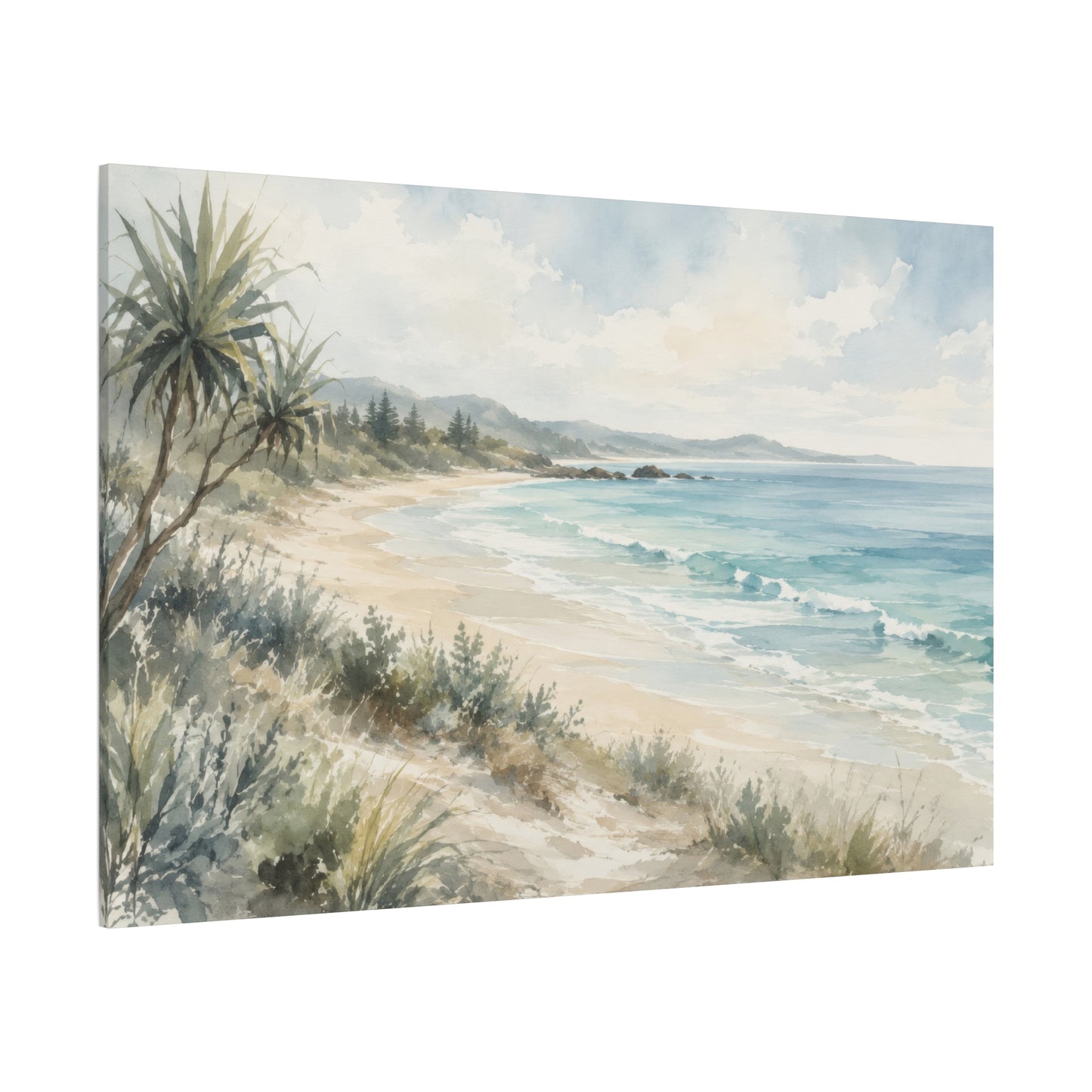 Coastal Beach Watercolor Canvas Print — Stretched Seascape Wall Art