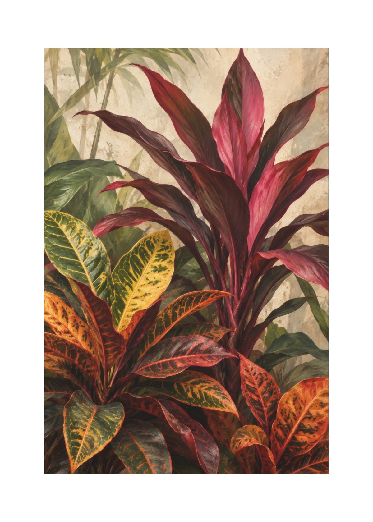 A vertical botanical art print depicting ornamental crocospermus leaves in rich shades of burgundy, red, yellow, and green against a light textured beige background.