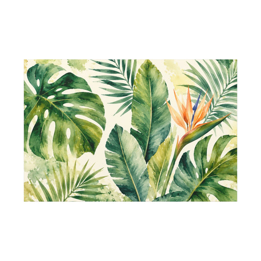 Tropical Palm Canvas Wall Art — Bird of Paradise Botanical Print, Matte Stretched 1.25"
