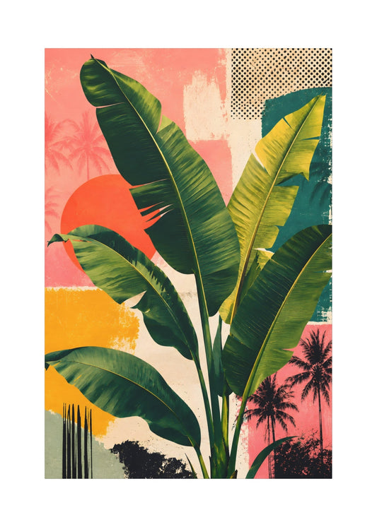A vertical art print featuring a stylized tropical design with large green banana leaves in front of a retro collage background of pink, orange, yellow, teal, and cream blocks, with palm tree silhouettes.
