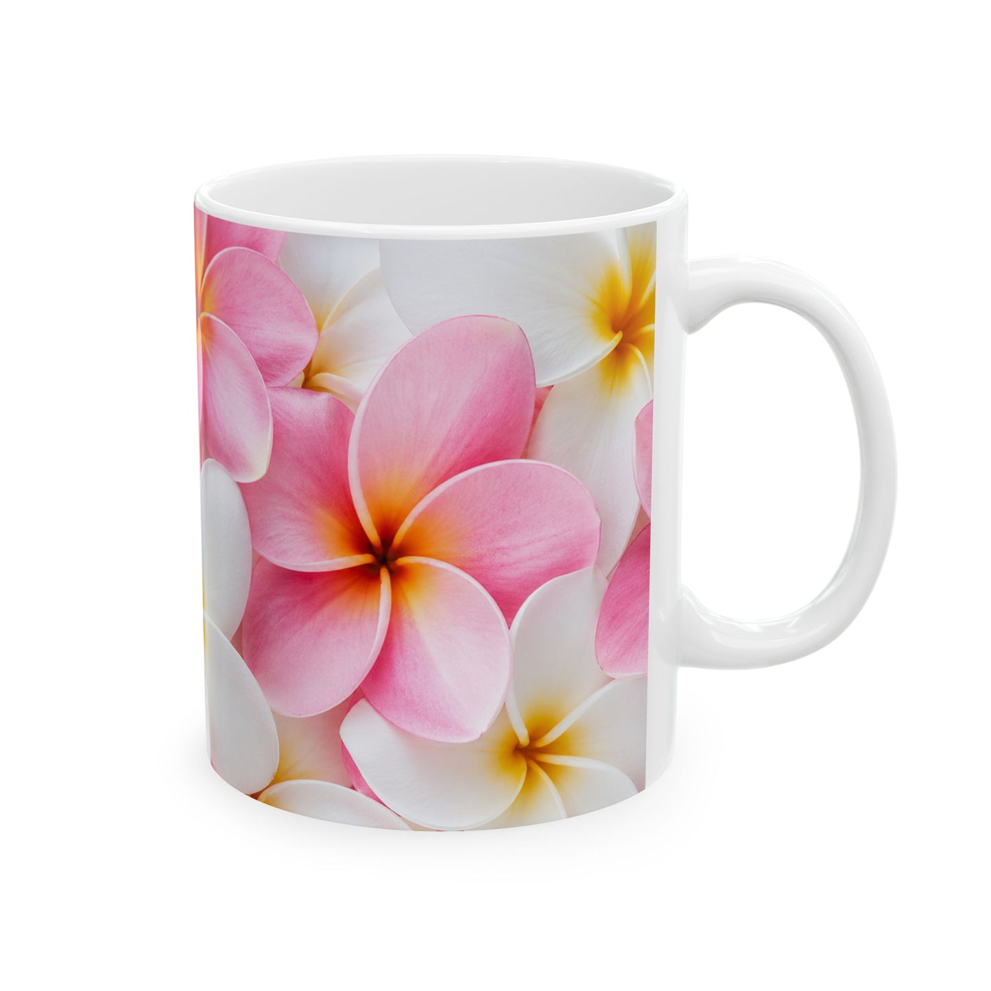 Pink Plumeria Floral Ceramic Mug — Tropical Frangipani Coffee Cup (11oz & 15oz)