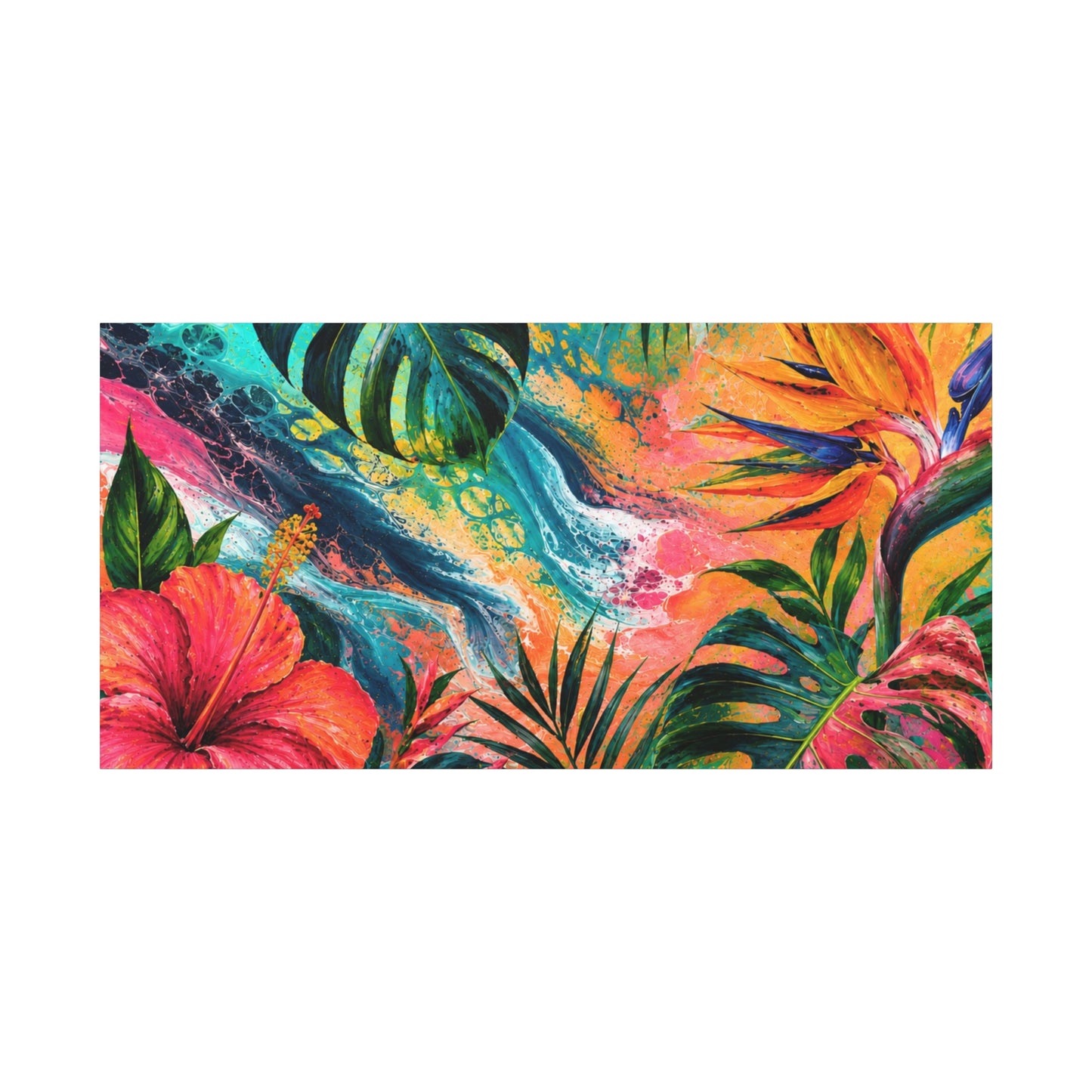 Tropical Floral Canvas Wall Art — Vibrant Hibiscus & Monstera Matte Print