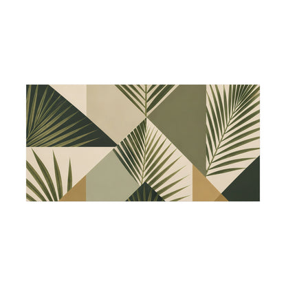 Geometric patterned rug with palm leaf design on a white background