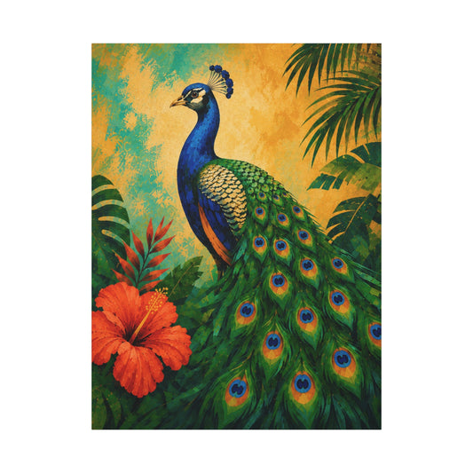 Peacock Wall Art Canvas — Tropical Peacock Painting on Matte Stretched Canvas