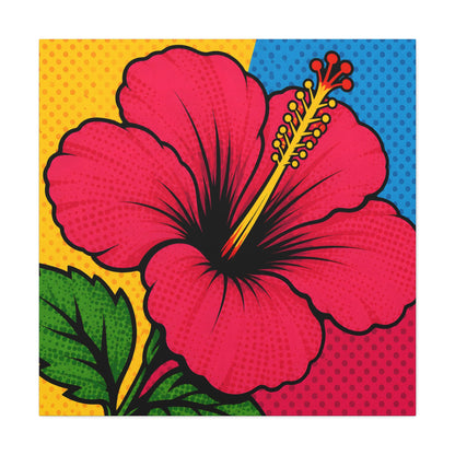 A square graphic print featuring a large pink hibiscus flower with green leaves, set against a split yellow and blue halftone background.