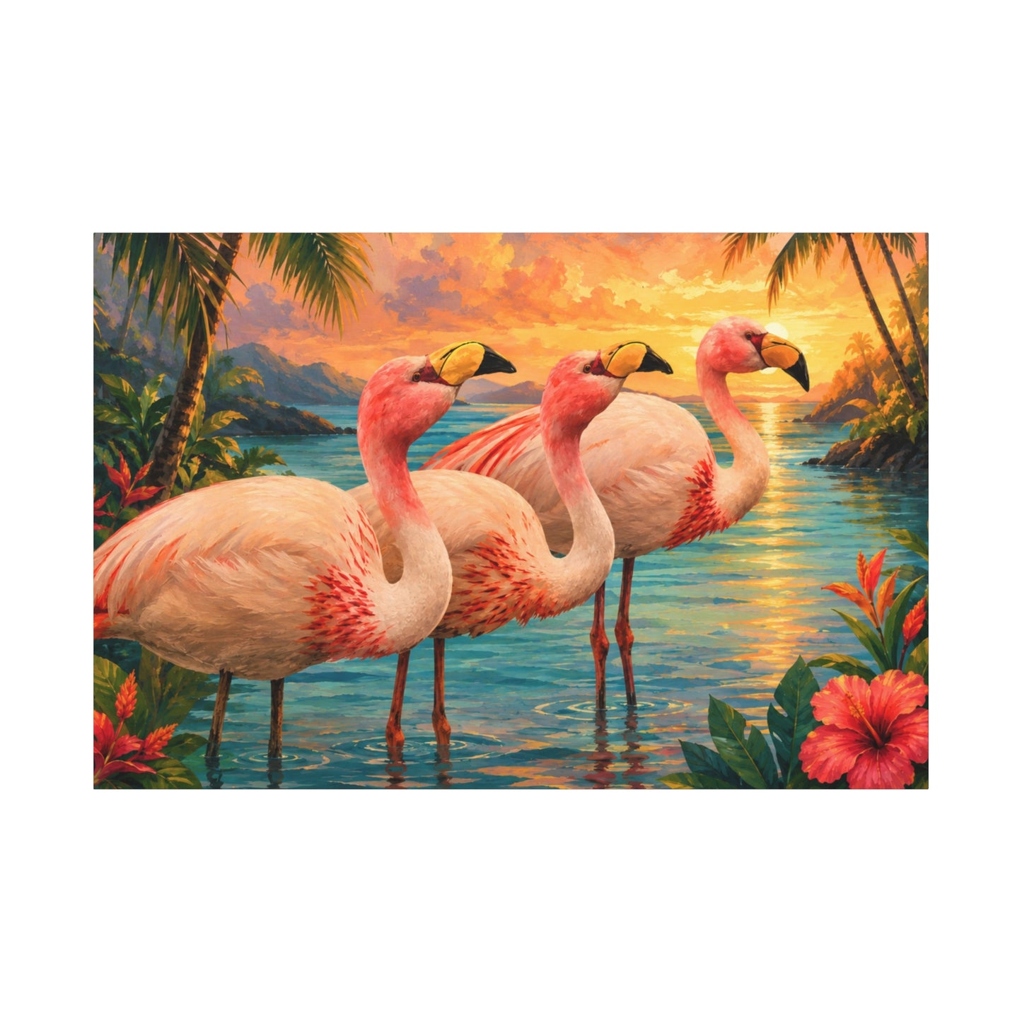 Tropical Flamingo Canvas Wall Art — Sunset Beach Scene Matte Stretched Print