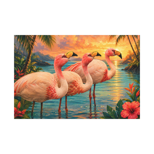 Tropical Flamingo Canvas Wall Art — Sunset Beach Scene Matte Stretched Print