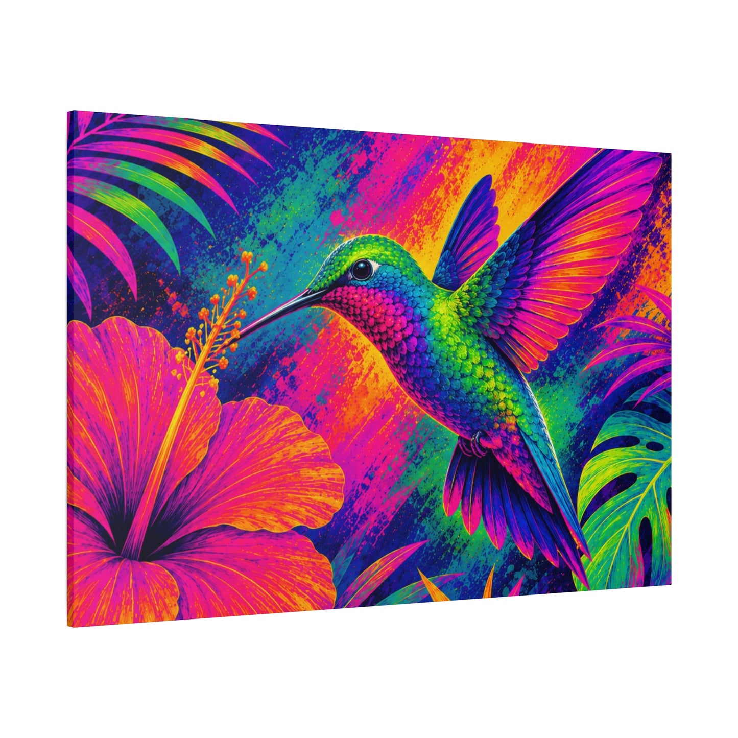 Colorful painting of a hummingbird and flowers on a white background
