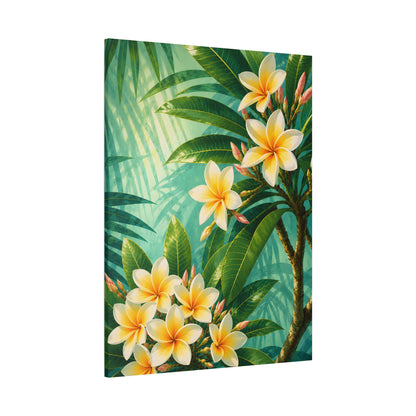 A vertical canvas wall art print featuring a tropical design with white and yellow plumeria flowers, green leaves, and palm fronds against a teal background, shown at a three-quarter angle on a white studio background.