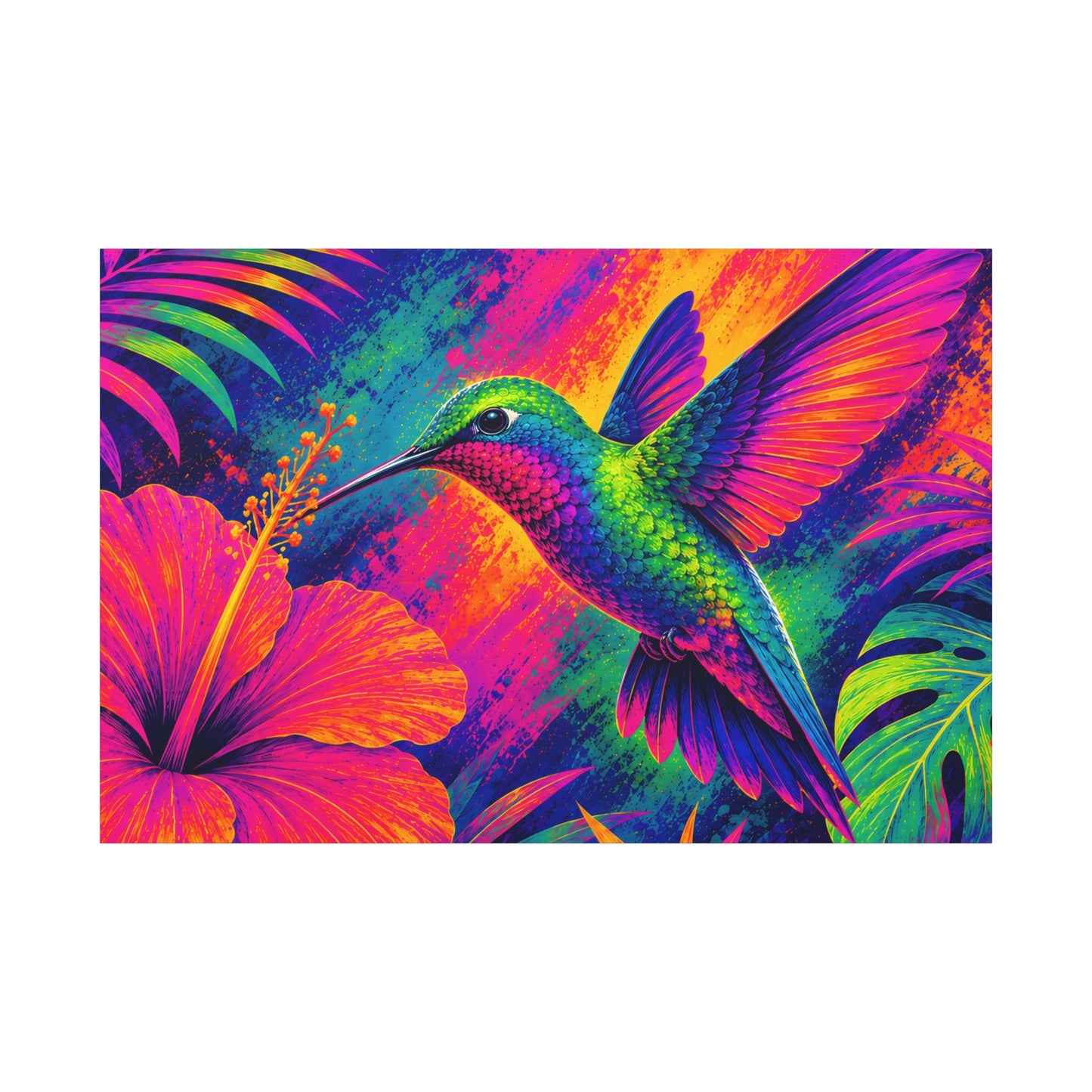 Vibrant Hummingbird Tropical Canvas Art - Neon Floral Stretched Print