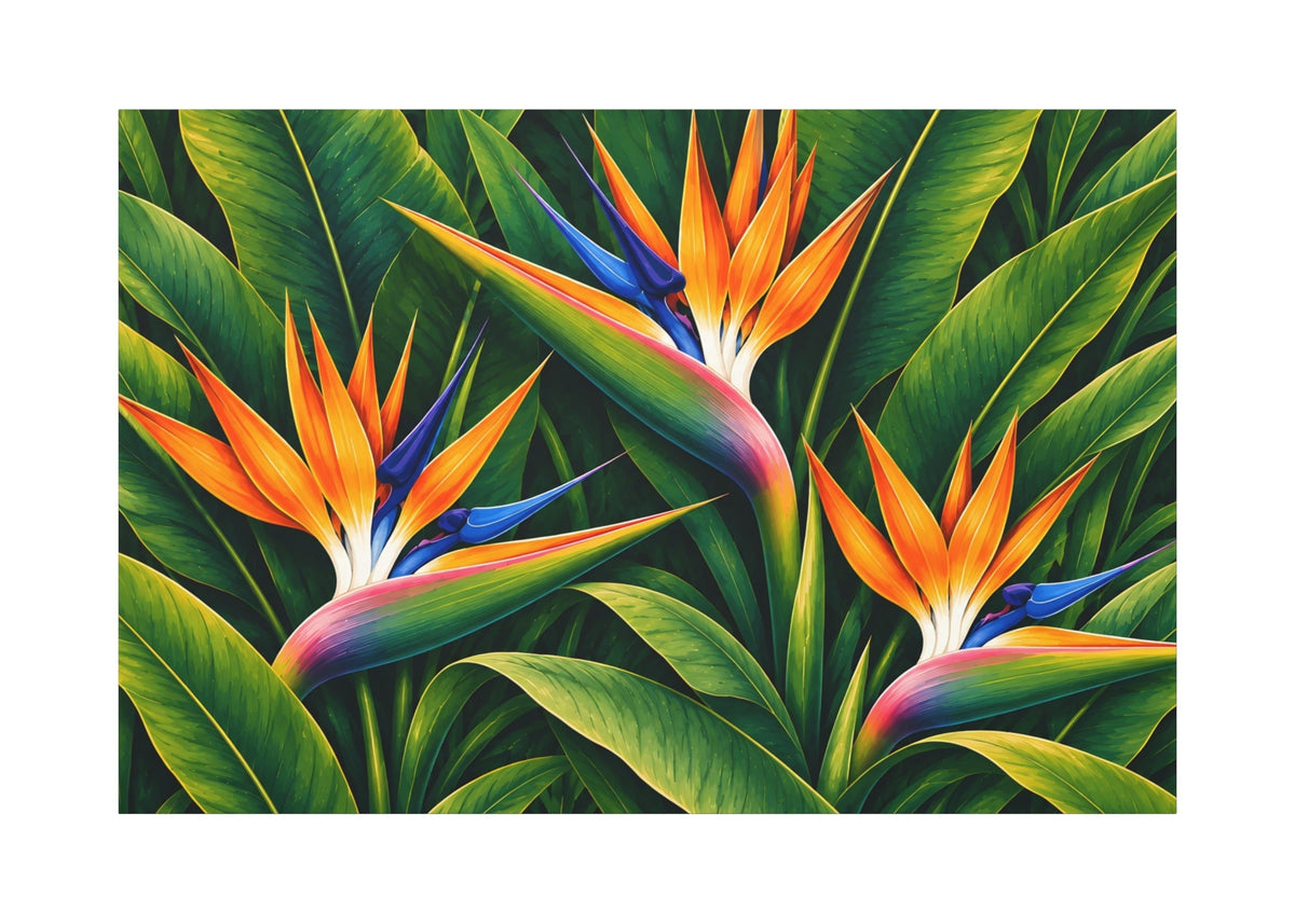A rectangular wall art print featuring three tropical bird of paradise flowers with bright orange, blue, pink, and green leaves on a white background.