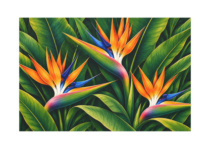 A rectangular wall art print featuring three tropical bird of paradise flowers with bright orange, blue, pink, and green leaves on a white background.
