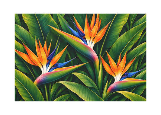 A rectangular wall art print featuring three tropical bird of paradise flowers with bright orange, blue, pink, and green leaves on a white background.