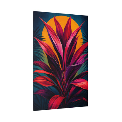 Canvas print with vibrant red cordyline leaves and a sun in the background on a white background