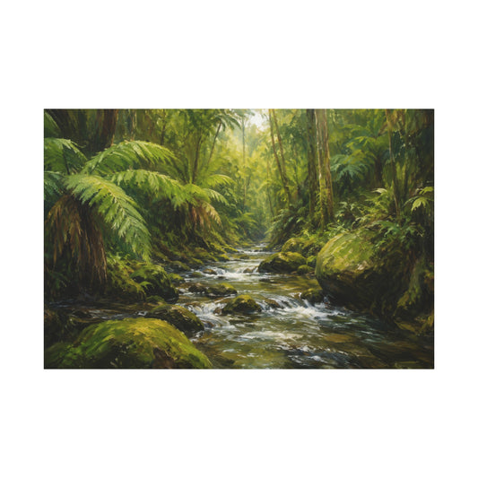 A landscape painting of a lush green forest with a flowing stream, shown as a horizontal canvas print centered on a white background.