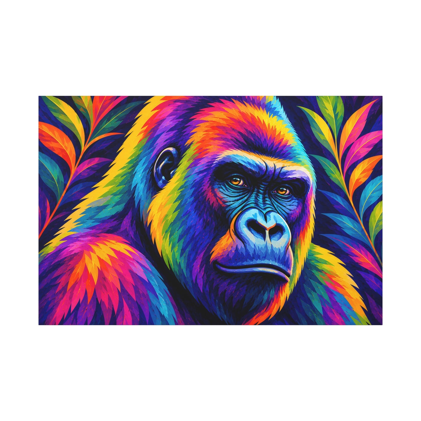 Colorful gorilla illustration with abstract leaves on a white background