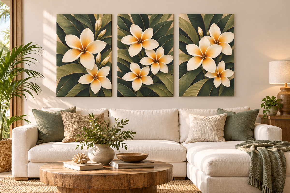 A three-panel canvas wall art set featuring large white plumeria flowers with yellow centers and dark green tropical leaves, displayed above a white sectional sofa in a styled living room.